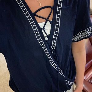 Blue tie up neck top